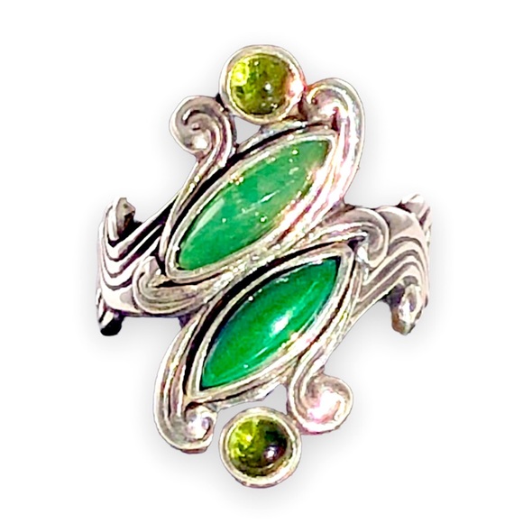 [vintage] Ornate .925 Sterling Silver Peridot, Prehnite & Malachite Ring Size 8 - Picture 1 of 16